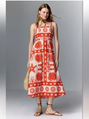 moon river red & white seashell print scalloped neckline dress ( Farm Rio Ainika